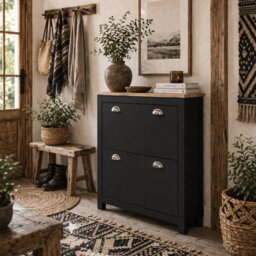 Wyld Haus Resuka Black Slim Wooden Shoe Cabinet With 2 Flip Drawers Up To 12 Pairs - thumbnail 1