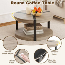 2Tier Round Coffee Table 88Cm Rubber Wood Center Table W/shelf - thumbnail 6