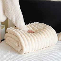 Thehotsale Super Soft And Comfortable Luxurious Flannel Reversible Fluffy Striped Throw Blanket Beige 150Cm W X 100Cm D - thumbnail 3