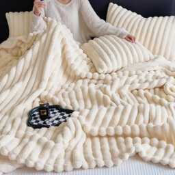 Thehotsale Super Soft And Comfortable Luxurious Flannel Reversible Fluffy Striped Throw Blanket Beige 150Cm W X 100Cm D - thumbnail 1