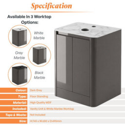 Plum&clay Mayfair Gloss Dark Grey Freestanding Bathroom Vanity Unit With White Marble Countertop (W)650mm (H)745mm - thumbnail 5