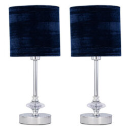 First Choice Lighting Set Of 2 Chrome Jewelled Table Lamp With Navy Blue Velvet Shades - thumbnail 1
