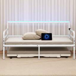 Gainoom White Single Size Daybed With Led Lights Metal Sofa Bed Frame Space-Saving Metal Slats Support Mattress Foundation - thumbnail 2