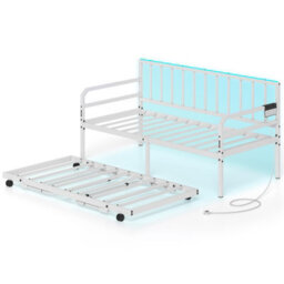 Gainoom White Single Size Daybed With Led Lights Metal Sofa Bed Frame Space-Saving Metal Slats Support Mattress Foundation