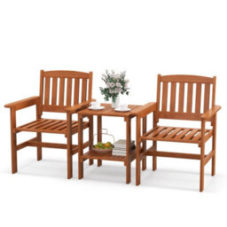Costway 3 Pcs Patio Bistro Table And Chairs Set Wood Outdoor Conversation Set W/ Umbrella Hole - thumbnail 2