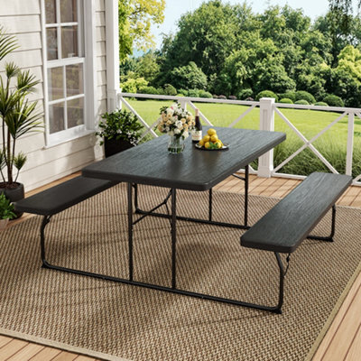 Thehotsale Black Foldable Picnic Table Bench Set With Parasol Hole Portable Camping Trestle Table Chairs 6 Seater - image 1