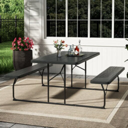 Thehotsale Black Foldable Picnic Table Bench Set With Parasol Hole Portable Camping Trestle Table Chairs 6 Seater - thumbnail 2