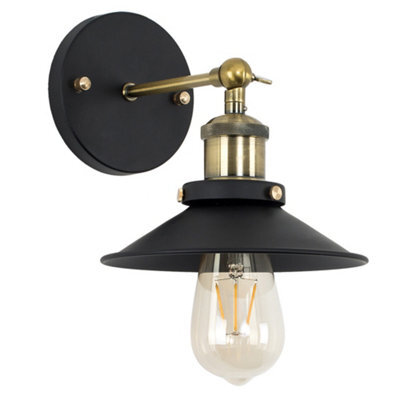 Valuelights Colonial Industrial Style Black And Antique Brass Single Wall Light With Shade - image 1