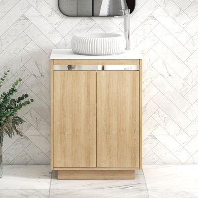 Royal Bathrooms Orion 600mm Natural Oak Floor Standing Plain White Countertop Vanity Unit 2 Door With Milan Basin & Chrome Accent Trim - image 1