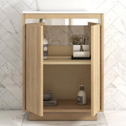 Royal Bathrooms Orion 600mm Natural Oak Floor Standing Plain White Countertop Vanity Unit 2 Door With Milan Basin & Chrome Accent Trim - thumbnail 4