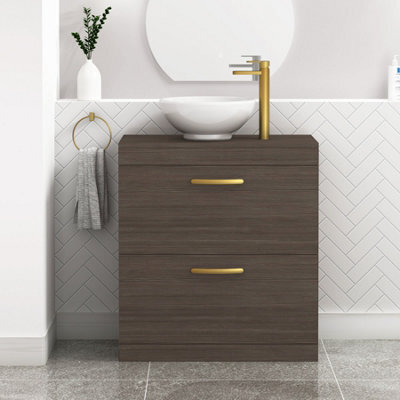 Royal Bathrooms 800mm Grey Elm 2 Drawer Free Standing Bathroom Vanity Unit With Sink & Breeze Countertop Basinwith Brushed Brass Handle - image 1