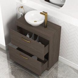Royal Bathrooms 800mm Grey Elm 2 Drawer Free Standing Bathroom Vanity Unit With Sink & Breeze Countertop Basinwith Brushed Brass Handle - thumbnail 3