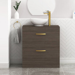 Royal Bathrooms 800mm Grey Elm 2 Drawer Free Standing Bathroom Vanity Unit With Sink & Breeze Countertop Basinwith Brushed Brass Handle - thumbnail 1