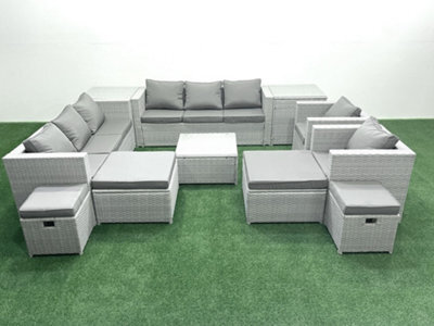 Fimous Garden Outdoor Furniture Set 12 Seater Rattan Sofa Set 4 Stools 2 Side Tables Light Grey - image 1