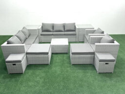 Fimous Garden Outdoor Furniture Set 12 Seater Rattan Sofa Set 4 Stools 2 Side Tables Light Grey - thumbnail 1