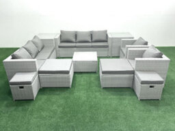 Fimous Garden Outdoor Furniture Set 12 Seater Rattan Sofa Set 4 Stools 2 Side Tables Light Grey - thumbnail 2