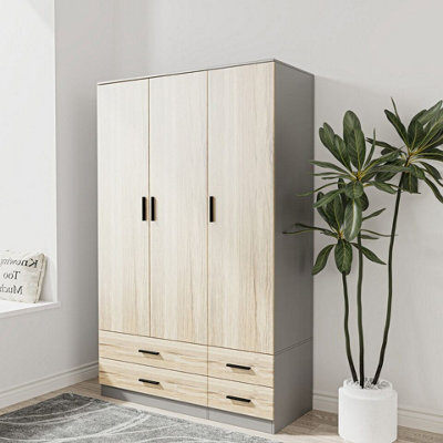 Urbn-Living Urbnliving 180Cm Height Oak 3 Door 4 Drawer Wardrobe Storage Shelf Modern Bedroom Grey Furniture - image 1