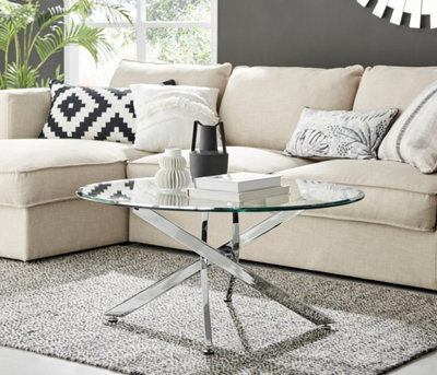 Furniturebox Novara Round Glass Coffee Table With Angled Starburst Silver Chrome Metal Legs For Modern Glam Minimalist Living Room - image 1