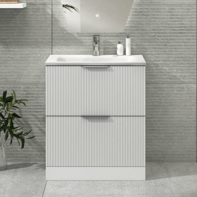 Royal Bathrooms Evora 700mm Matt White Fluted Floor Standing Bathroom Vanity Unit 2 Drawer Cabinet Storage With Stone Basin Sink - 1 Tap Hole - image 1