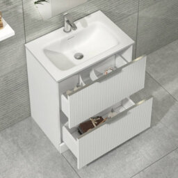 Royal Bathrooms Evora 700mm Matt White Fluted Floor Standing Bathroom Vanity Unit 2 Drawer Cabinet Storage With Stone Basin Sink - 1 Tap Hole - thumbnail 3