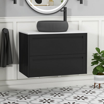 Royal Bathrooms Royal Bathroom Elmore 800mm Nocturne Black Wall Mounted Bathroom Vanity Unit 2 Drawer Plain White Worktop With Milan Black Basin - image 1