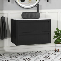 Royal Bathrooms Royal Bathroom Elmore 800mm Nocturne Black Wall Mounted Bathroom Vanity Unit 2 Drawer Plain White Worktop With Milan Black Basin - thumbnail 1