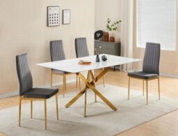 Furnizone UK Auric 6-Seater White Marble-Effect Glass Dining Table And 6 Glitz Grey Velvet Chairs