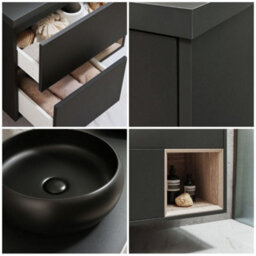 Homestylestore Black Grey 800mm Wall Hung Bathroom Vanity Unit Round Countertop Graphite Basin Open Shelf - thumbnail 2