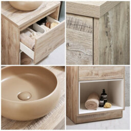 Homestylestore Light Oak 600mm Bathroom Vanity Unit Round Sand Countertop Basin Open Shelf - thumbnail 2