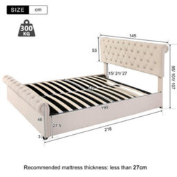 HomeTouch Modern Ottoman Velvet Double Bed Frame 4Ft6 Tufted Headboard With Large Under Bed Storage Beige Cream 135X190Cm - thumbnail 7