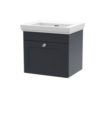 Nuie Classique Wall Hung 1 Drawer Unit Without Tap Hole Fireclay Basin, Contemporary Sink Vanity Unit In Soft Black - image 1