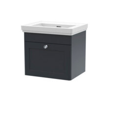 Nuie Classique Wall Hung 1 Drawer Unit Without Tap Hole Fireclay Basin, Contemporary Sink Vanity Unit In Soft Black - thumbnail 1