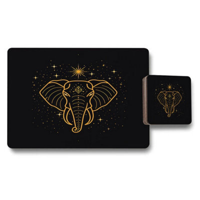 Benjamin Tate Design Gold Foil Elephant Placemat And Coaster Set With Wood Base Limited Edition Designer Artwork - image 1