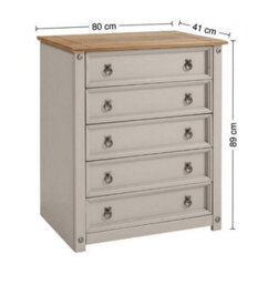 Mercers Furniture Corona Grey Wax Small 5 Drawer Chest Of Drawers Solid Wood Pine Wooden With Mexican Styling - thumbnail 6