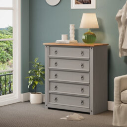 Mercers Furniture Corona Grey Wax Small 5 Drawer Chest Of Drawers Solid Wood Pine Wooden With Mexican Styling - thumbnail 1