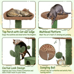 Yaheetech Green/brown 138Cm Cactus Cat Tower With Padded Perch, Platform, Condos, Ramp - thumbnail 6