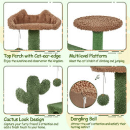 Yaheetech Green/brown 138Cm Cactus Cat Tower With Padded Perch, Platform, Condos, Ramp - thumbnail 4