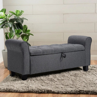 Storage Footstool Dark Grey Linen Ottoman With Tufted Button Top Bedroom Seat - image 1
