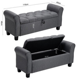 Storage Footstool Dark Grey Linen Ottoman With Tufted Button Top Bedroom Seat - thumbnail 2