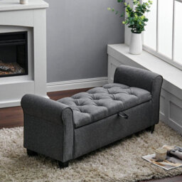 Storage Footstool Dark Grey Linen Ottoman With Tufted Button Top Bedroom Seat - thumbnail 3