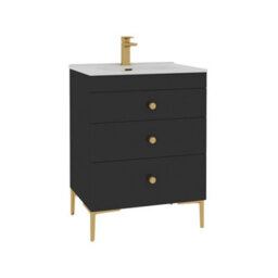 Royal Bathrooms Royal Bathroom Verona 600mm Matt Black 3-Drawer Floor Standing Bathroom Vanity Unit With Ceramic Basin & Brushed Brass Knob - thumbnail 6