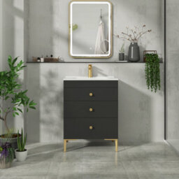 Royal Bathrooms Royal Bathroom Verona 600mm Matt Black 3-Drawer Floor Standing Bathroom Vanity Unit With Ceramic Basin & Brushed Brass Knob - thumbnail 4