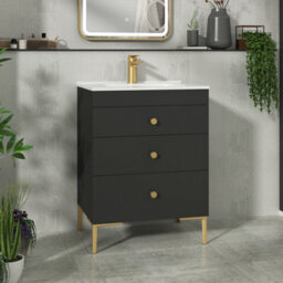 Royal Bathrooms Royal Bathroom Verona 600mm Matt Black 3-Drawer Floor Standing Bathroom Vanity Unit With Ceramic Basin & Brushed Brass Knob - thumbnail 1