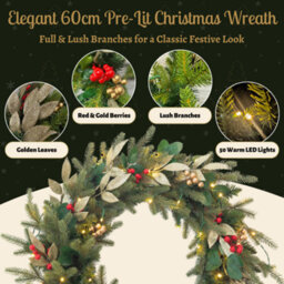Evre 60 Cm Pre-Lit 50 Led Christmas Wreath With Artificial Berries & Golden Accents For Indoor, Wall Hanging Decoration - thumbnail 6
