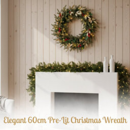 Evre 60 Cm Pre-Lit 50 Led Christmas Wreath With Artificial Berries & Golden Accents For Indoor, Wall Hanging Decoration - thumbnail 5