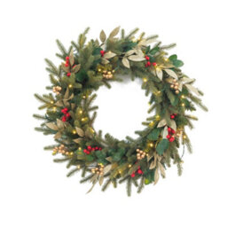 Evre 60 Cm Pre-Lit 50 Led Christmas Wreath With Artificial Berries & Golden Accents For Indoor, Wall Hanging Decoration