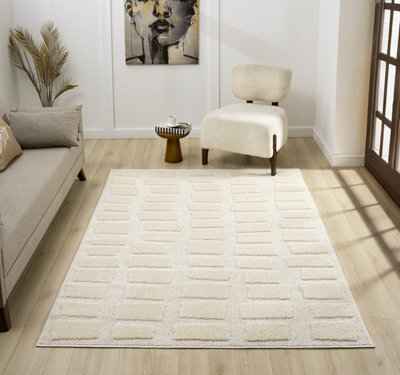 Isabella Living Room Area Rugs - Embossed Cobble Design Cream 80Cm X 150Cm - image 1