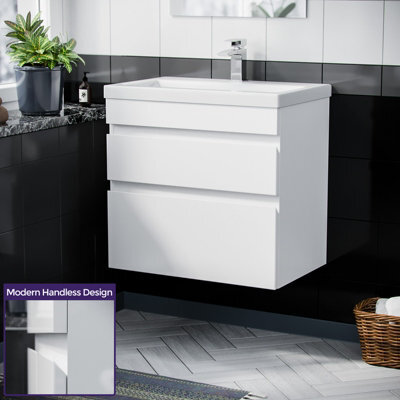 Nes Home Hardie 600mm 2 Drawer White Wall Hung Vanity Cabinet And Basin Sink Unit - image 1