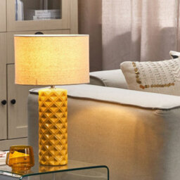 Wyld And Coco Lumina Table Lamp 49 Cm, Yellow Ceramic Base With Geometric Pattern And Beige Cotton Shade - thumbnail 2