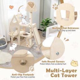 Costway Multi-Layer Cat Tree Wooden Cat Tower Cat Climbing Stand W/ Sisal Ramp & Cradle - thumbnail 5